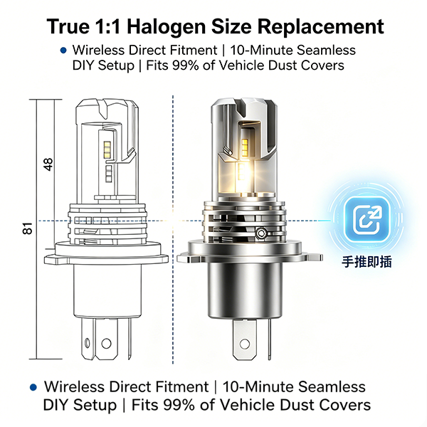SeaPeak M3 Wireless Automotive LED Light Bulb Upgrade Kit - 25W Premium PHI-ZES Chips, DC 9-36V All-Socket H1 H4 H7 H11 9005 9006 Replacement for 12V 24V Cars & Trucks