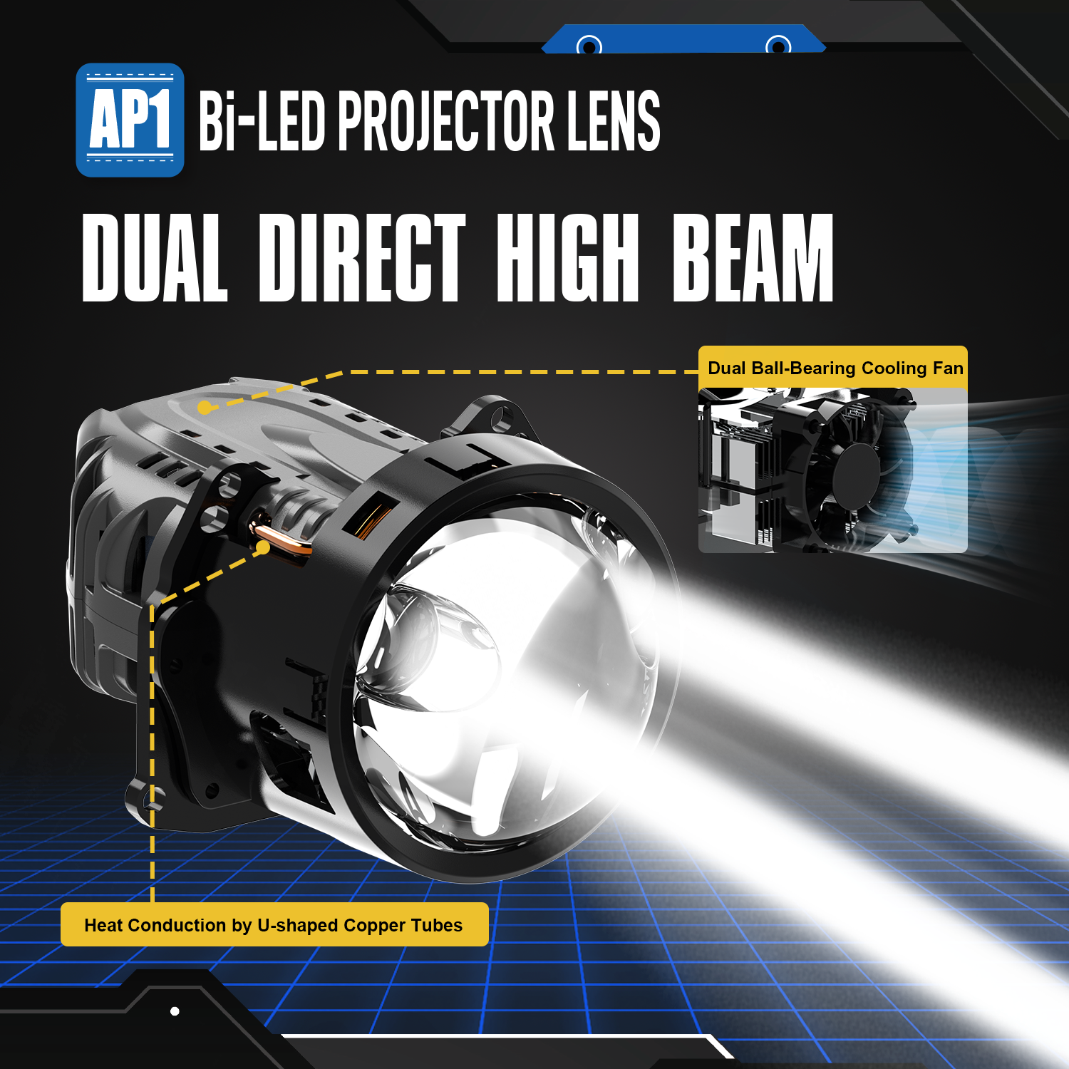 SeaPeak AP1 3-Inch Bi-LED Projector Lens Series - 60-100W 6000K with Aluminum Housing & Dual Direct High Beam