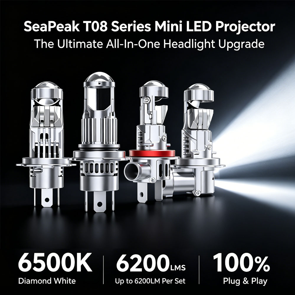 SeaPeak T08 Mini LED Projector Headlight Bulbs | H4 H7 H8 6500K Direct-Fit