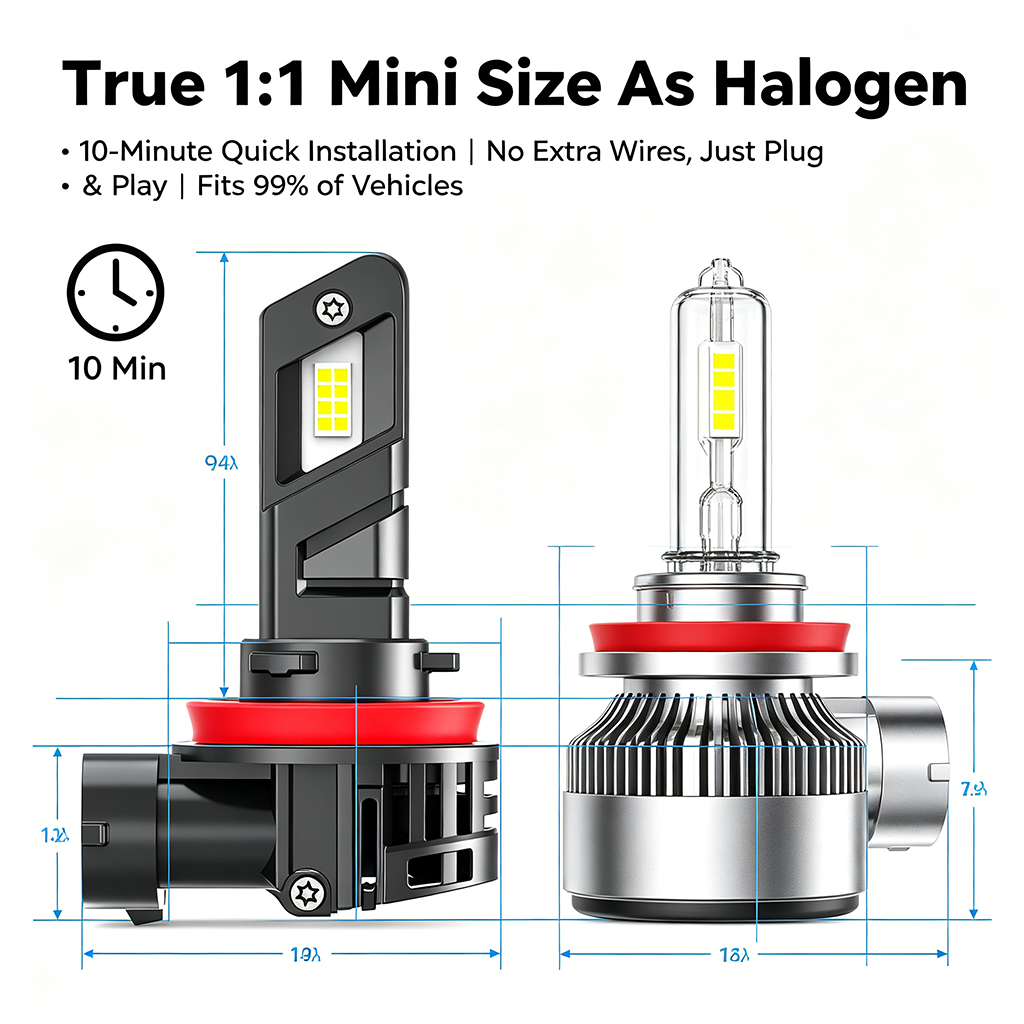 SeaPeak M6X Car LED Headlight Bulbs - 6500K Cool White 1:1 Mini Size Replacement Kit (H11 H7 H4 9005 9006, 12V-24V Universal Fit, 2-Pack)