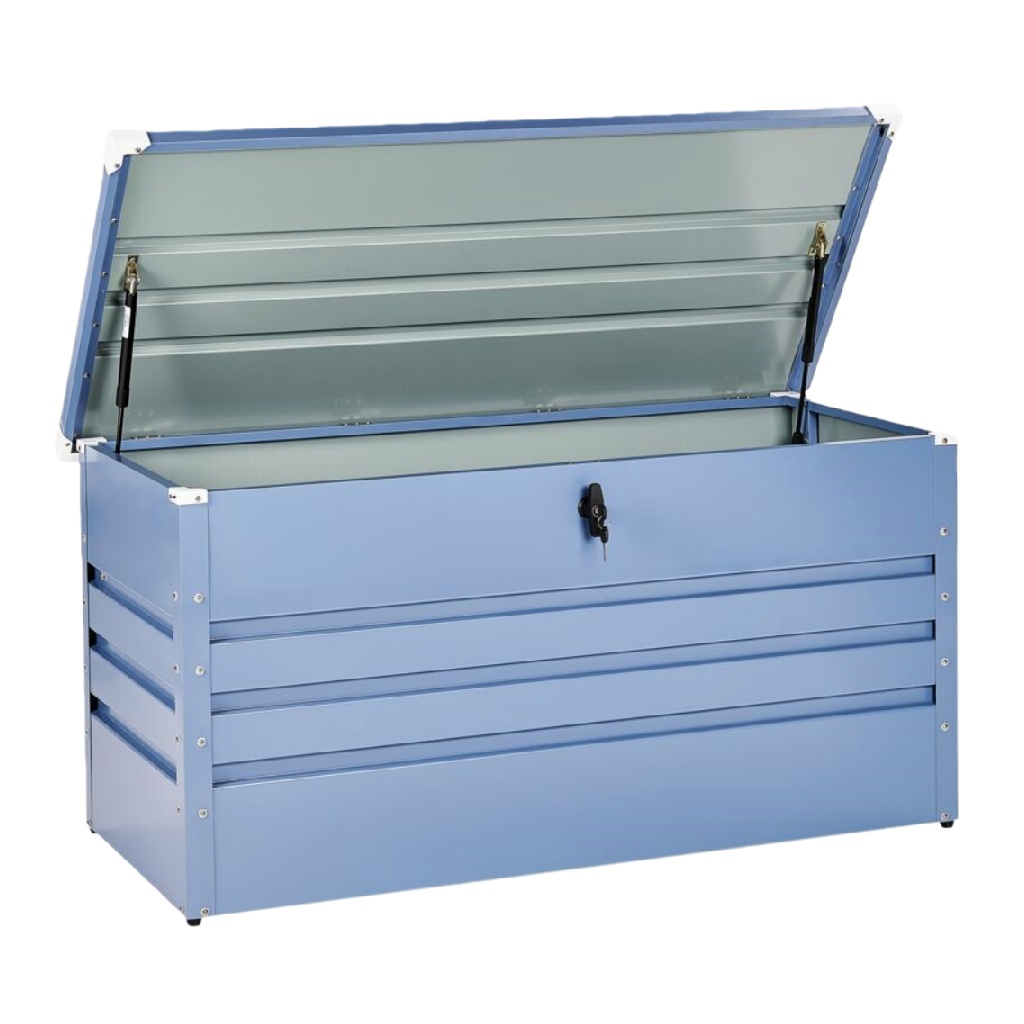 Coffre de rangement en métal bleu avec serrure et ouverture à gaz-caraburton.shop