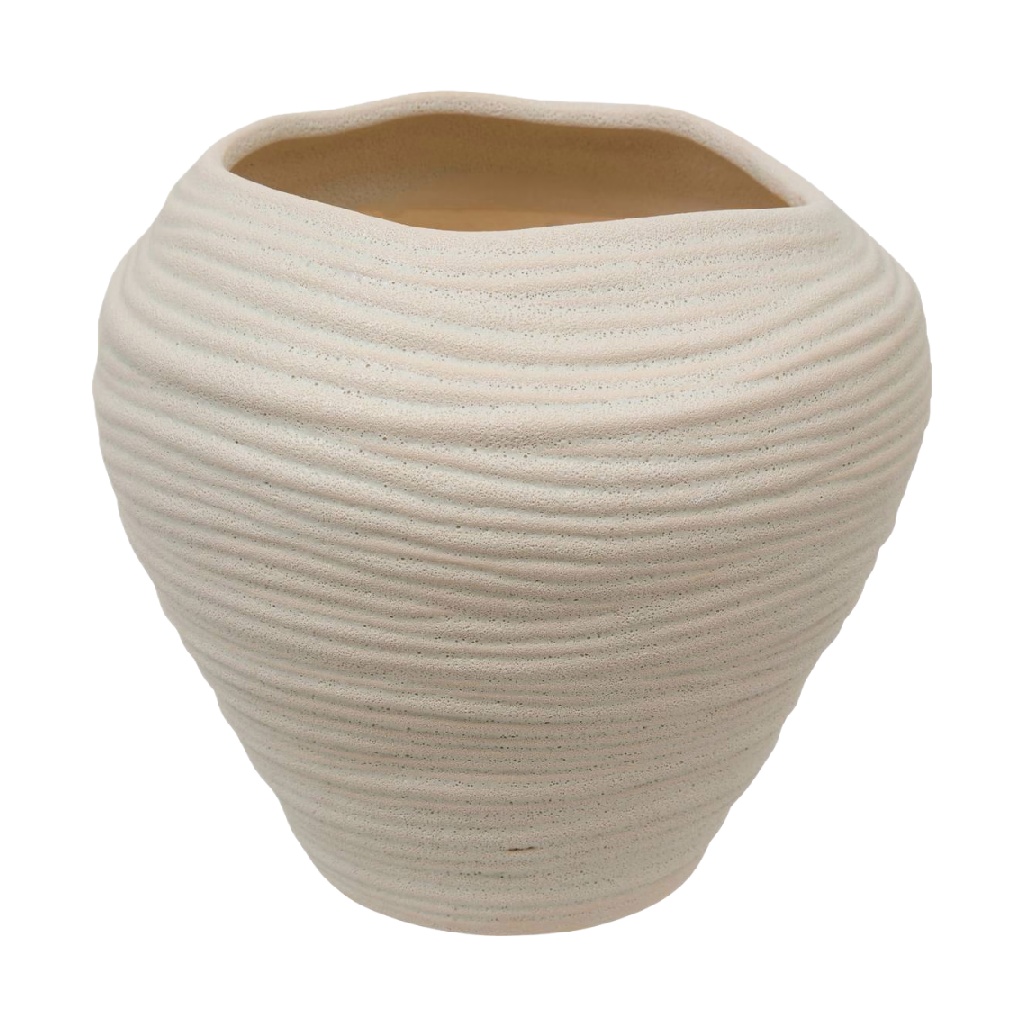 Beige Textured Ceramic Vase, Rounded Wide Shape-kathyhill.shop