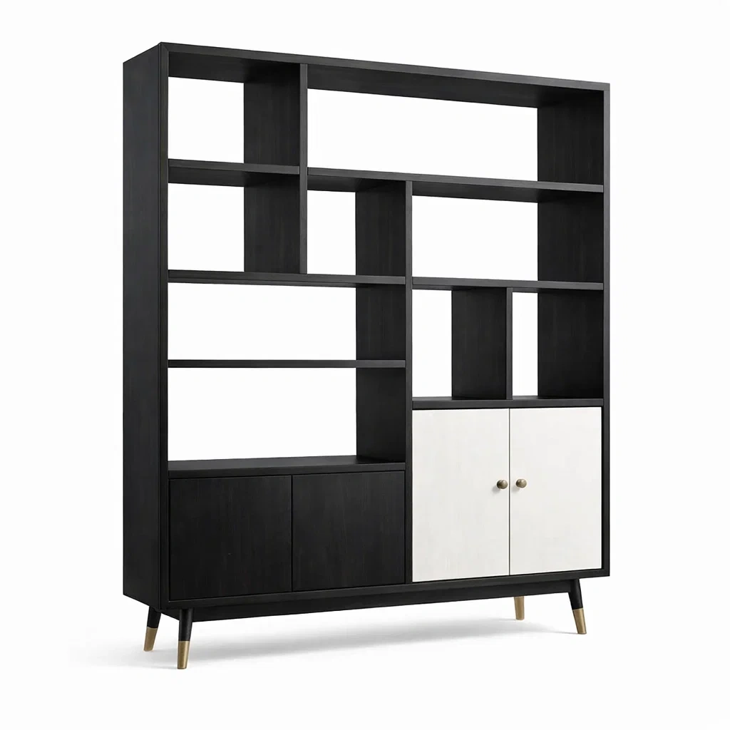 Black Wooden Bookcase with Open Shelves and Double Door Storage-casanovafurn