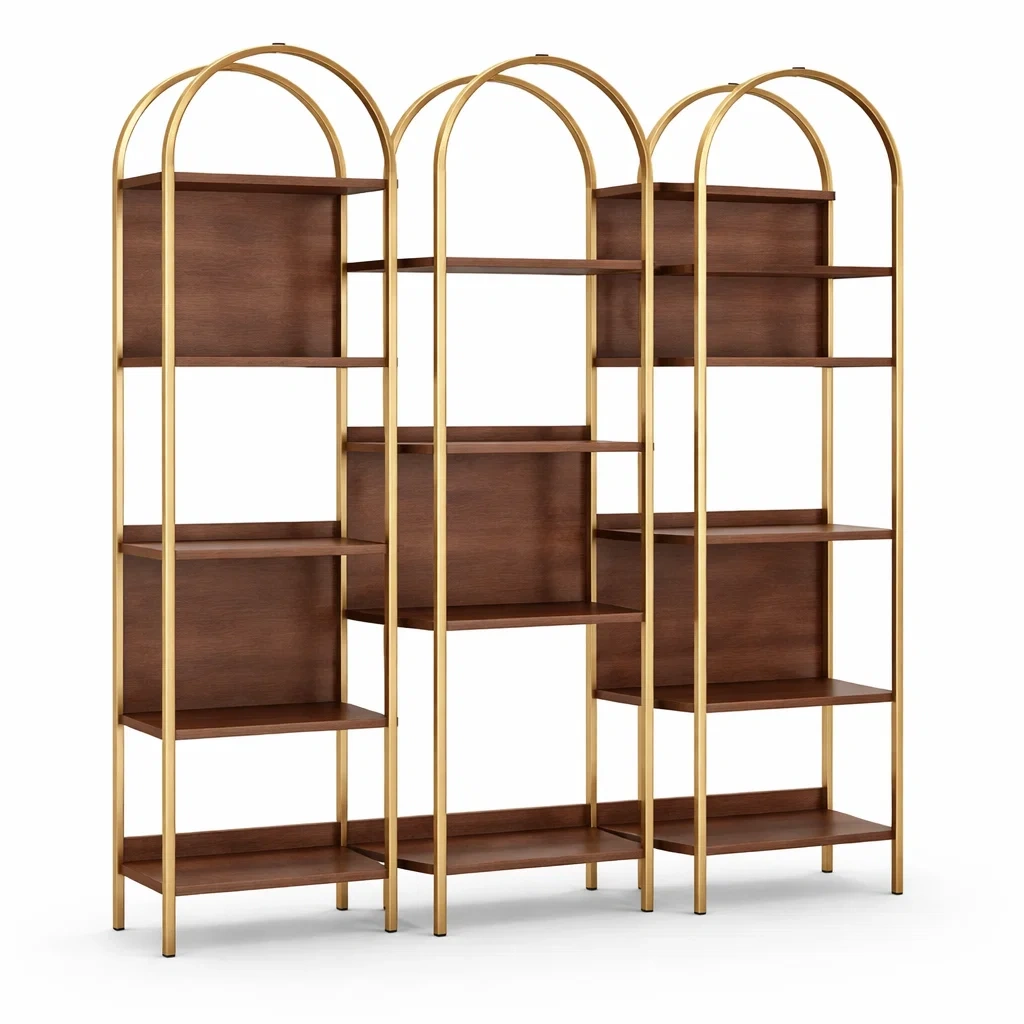 Gold Metal Frame Open Bookcase with Walnut Effect Shelves-casanovafurn