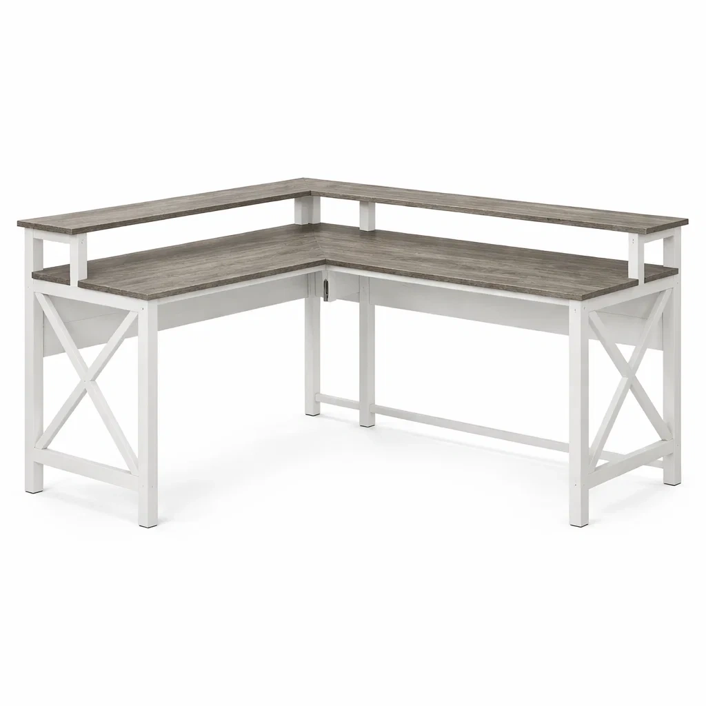 L-Shaped Corner Desk with Upper Shelf and Wood Effect Top-casanovafurn