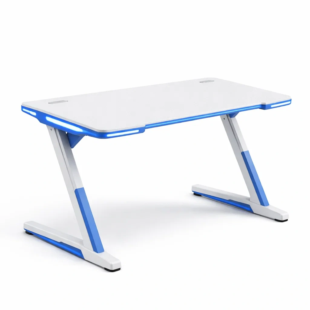 White Gaming Desk with Blue LED Edge and Cable Grommets-casanovafurn