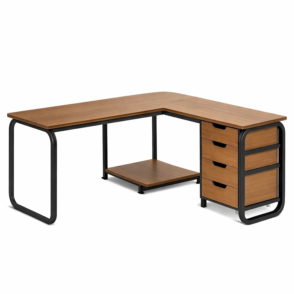 Oak Effect L-Shaped Corner Desk with Drawer Storage-casanovafurn