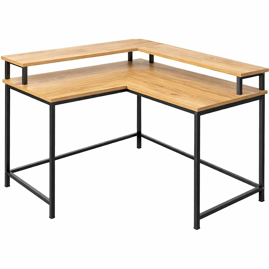 Oak Effect L-Shaped Corner Desk with Upper Shelf-casanovafurn