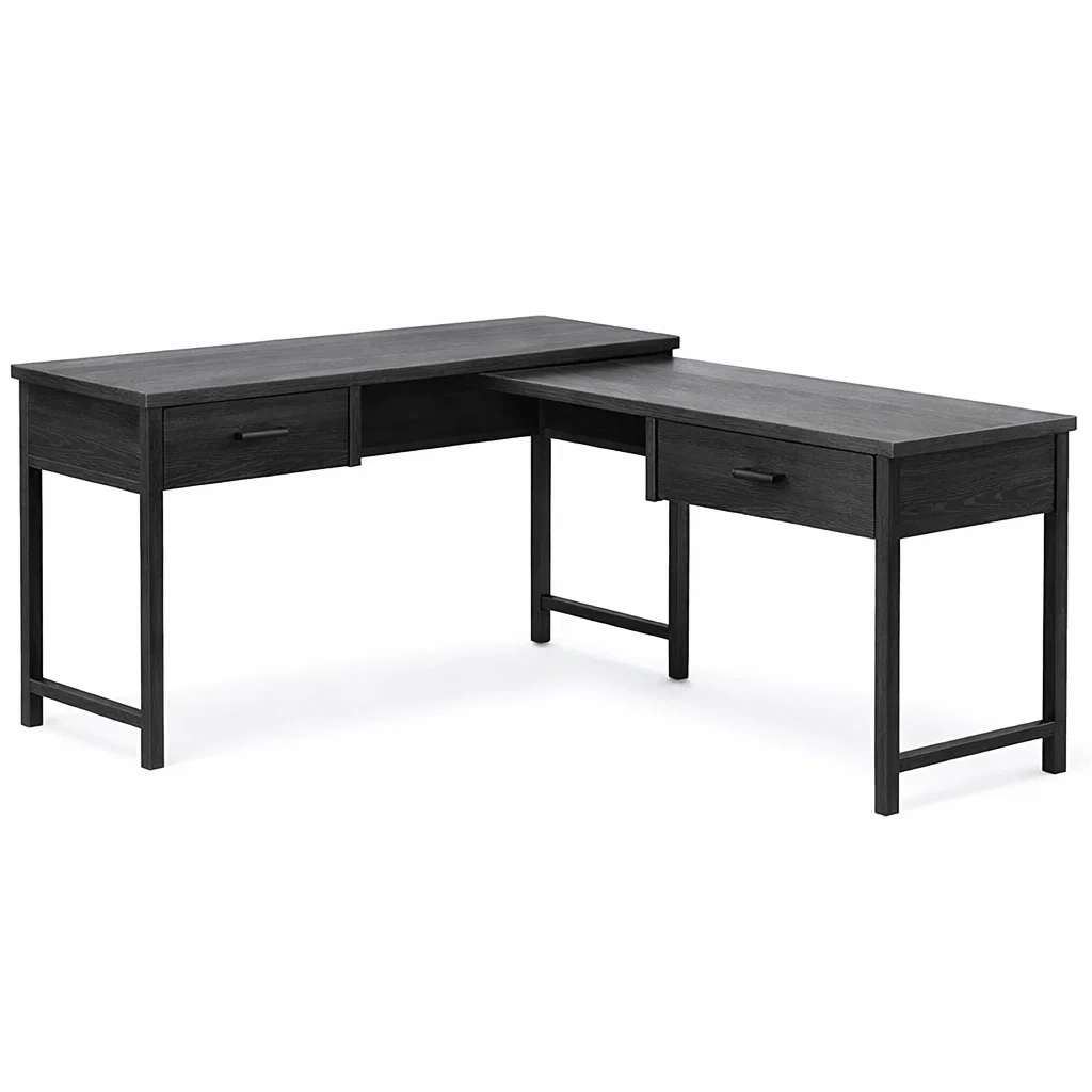 Black Wood Effect L-Shaped Corner Desk with Drawers-casanovafurn