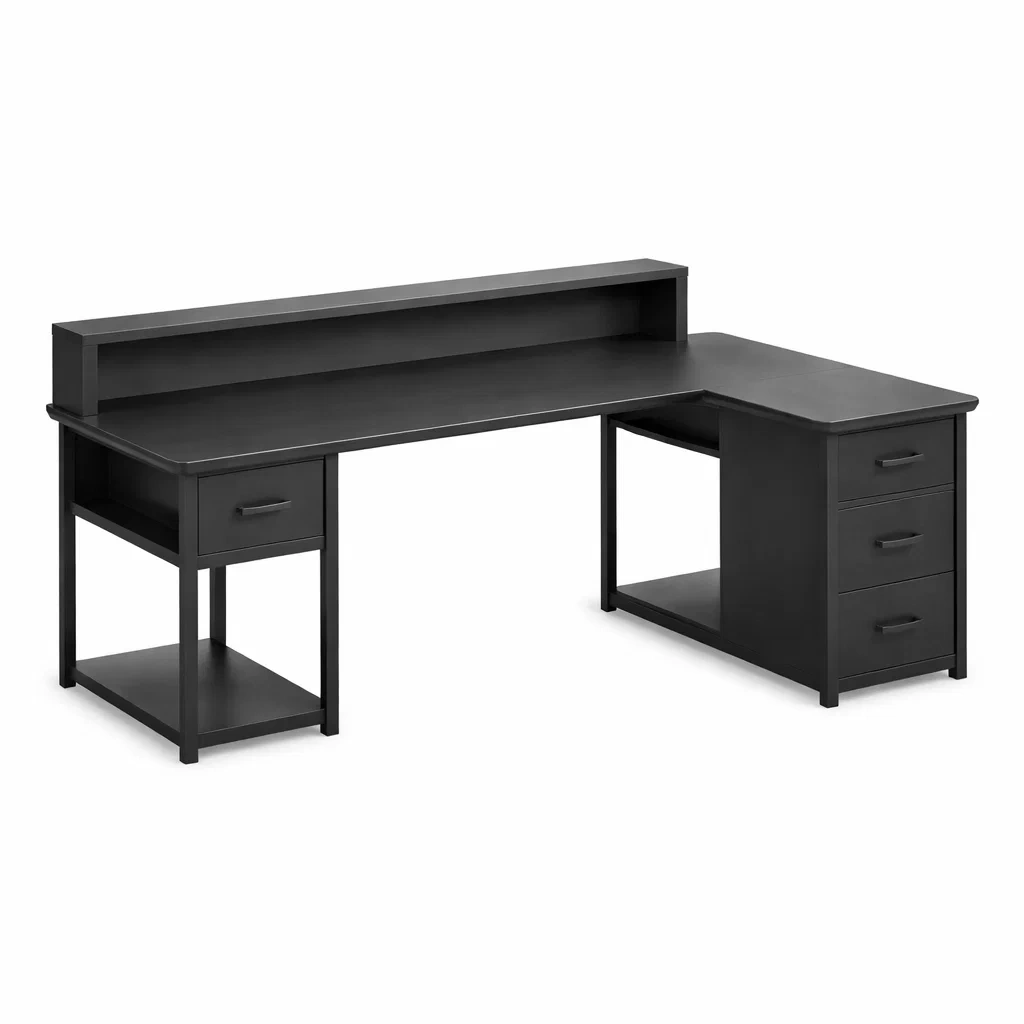 Black Wood Effect L-Shaped Desk with Storage Drawers and Upper Shelf-casanovafurn