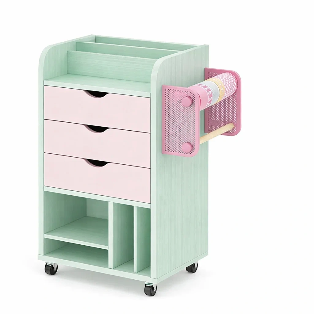 Pastel Green and Pink Rolling Storage Cabinet with Drawers and Side Holder-casanovafurn