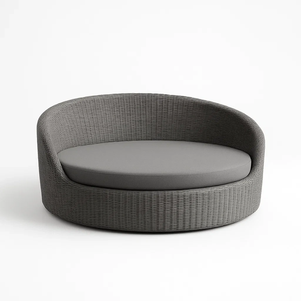 Lit de jour d'extérieur rond en résine tressée gris avec coussin en polyester-seataura