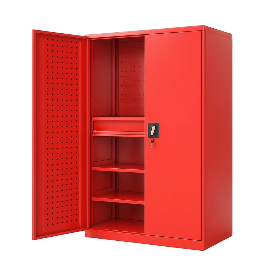 Armoire à outils de rangement en métal rouge avec portes battantes et étagères réglables-seataura