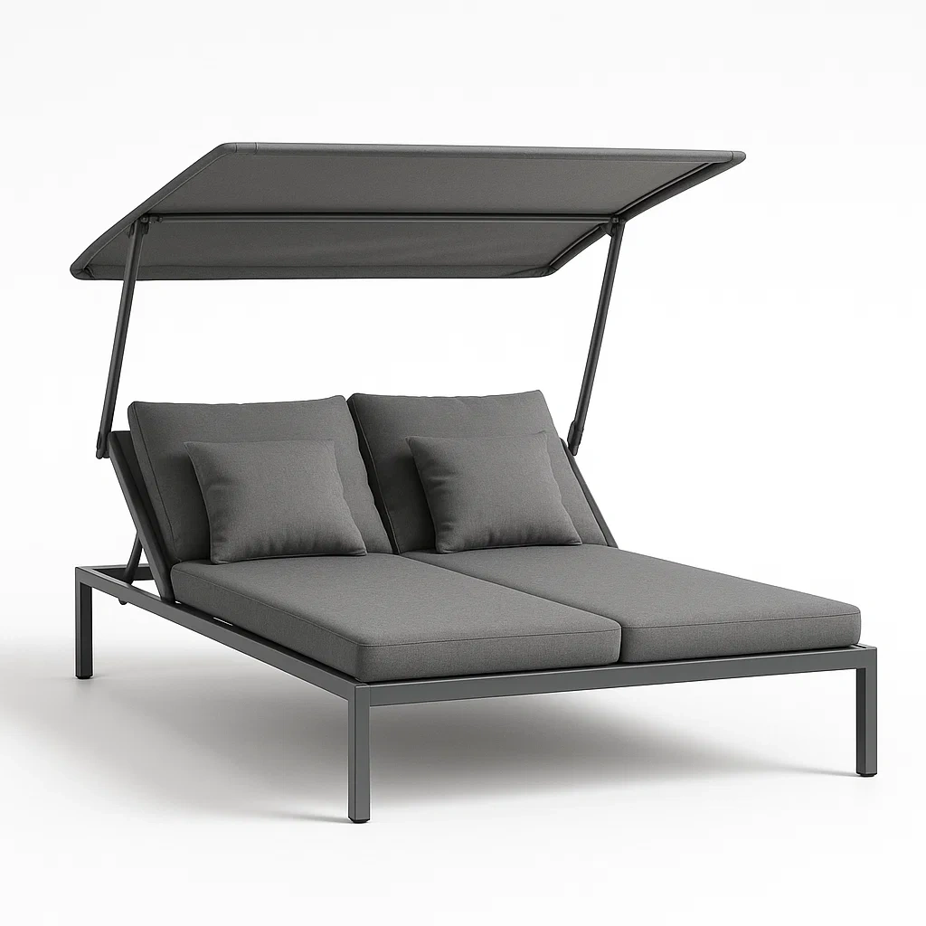 Lit de jour d'extérieur double en métal avec coussins et auvent réglable gris-seataura