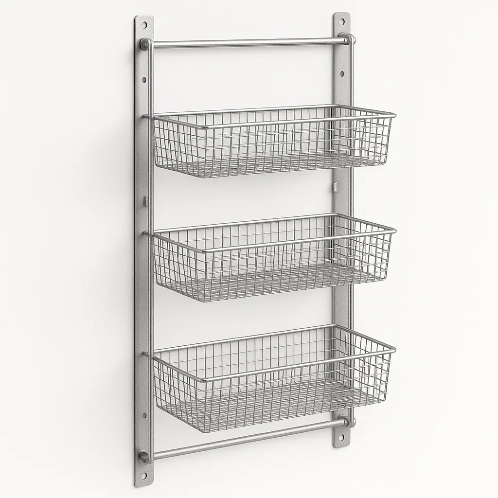Étagère murale de rangement en métal avec paniers grillagés argentés-seataura