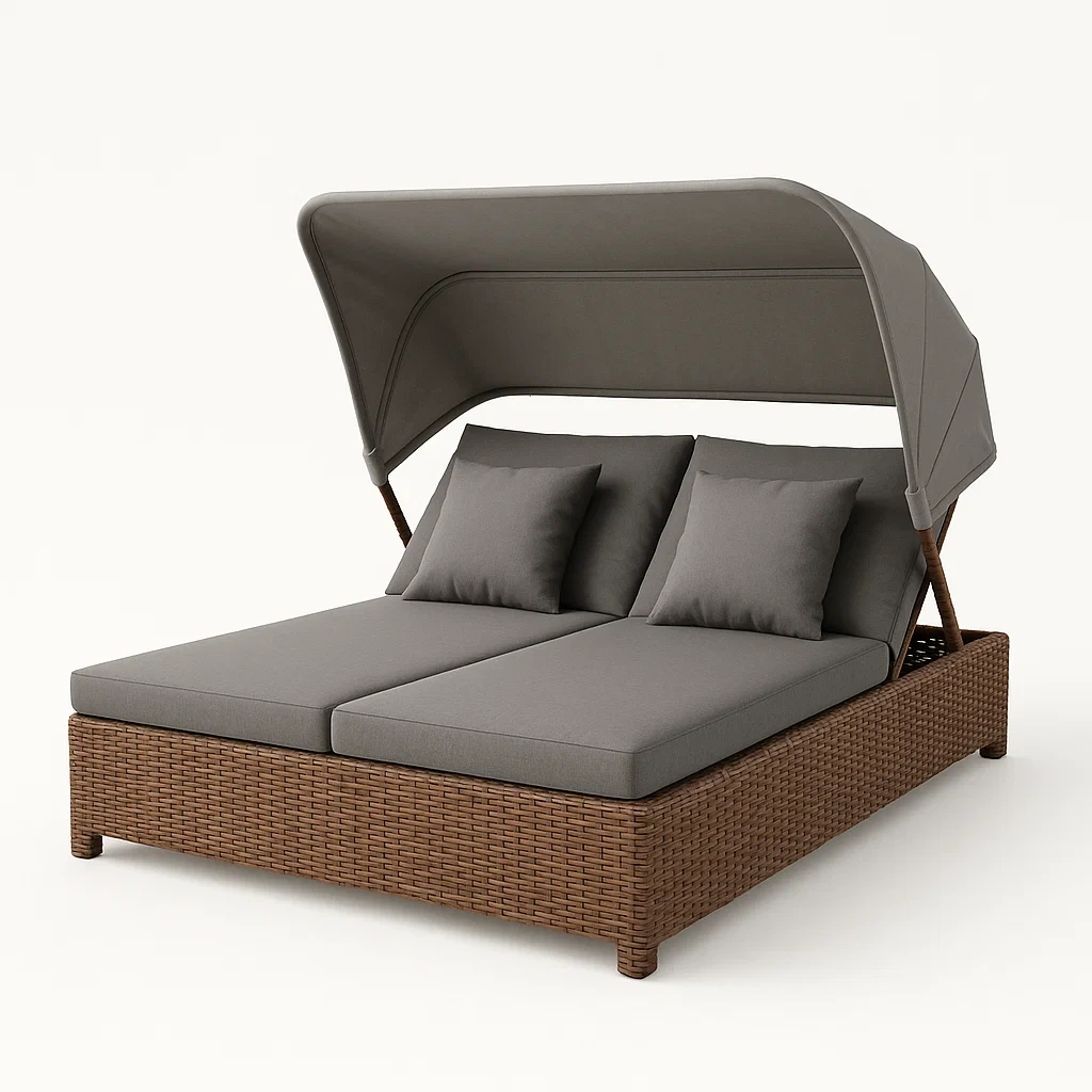 Lit de jour d'extérieur double en rotin avec coussins et auvent gris 200x160x150 cm-seataura