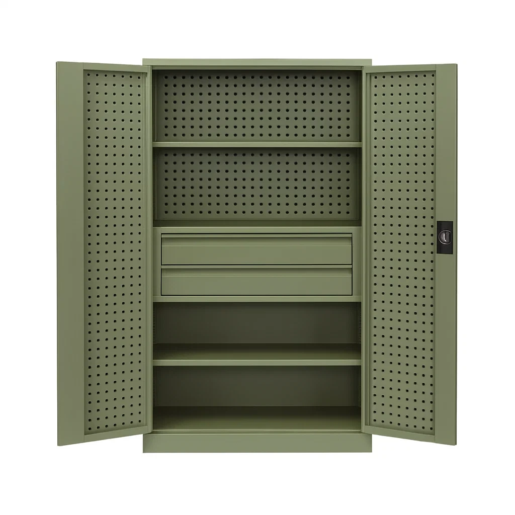 Armoire à outils métallique avec étagères et tiroirs verts-seataura