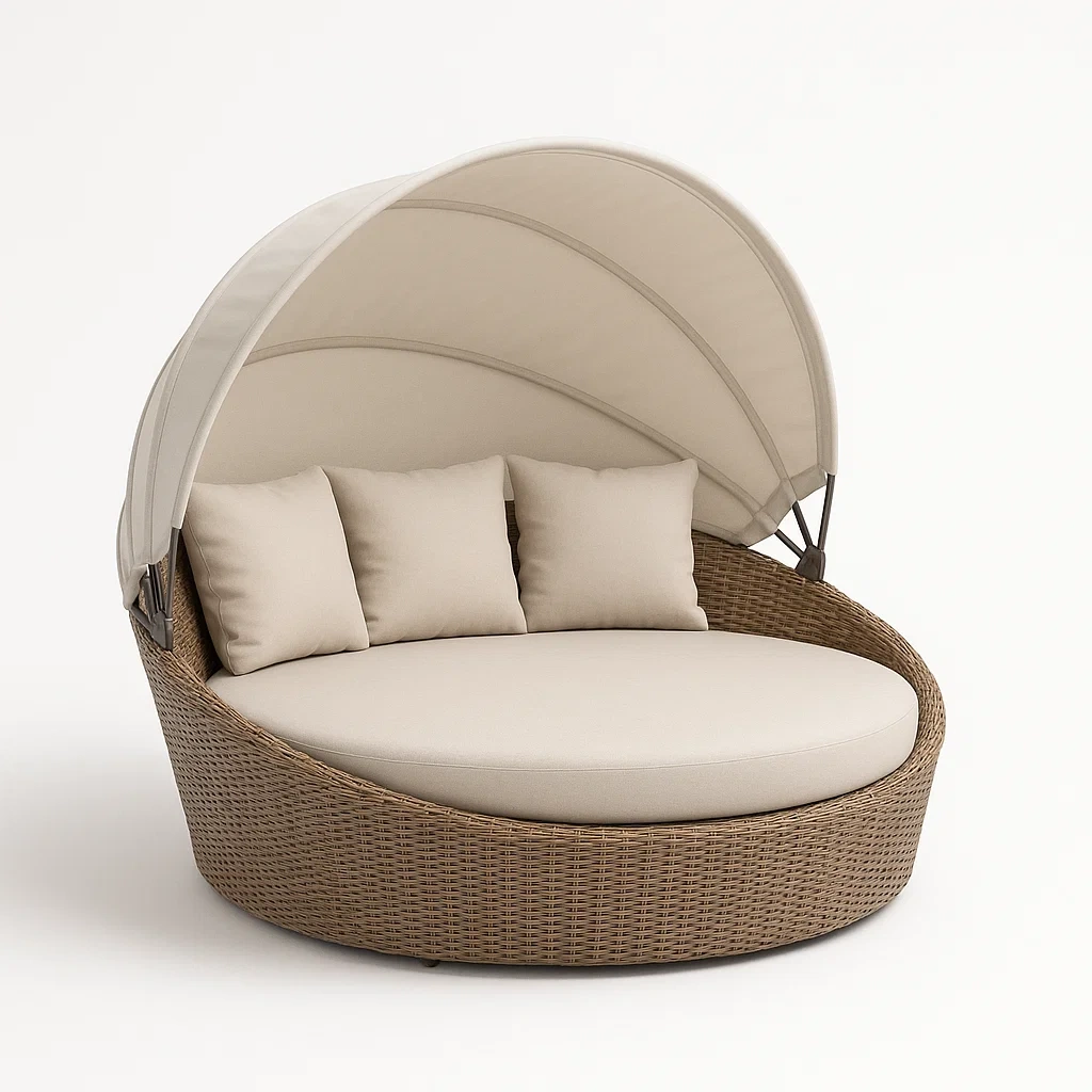 Lit de jour d'extérieur salon rond en résine tressée avec coussins et auvent réglable-seataura