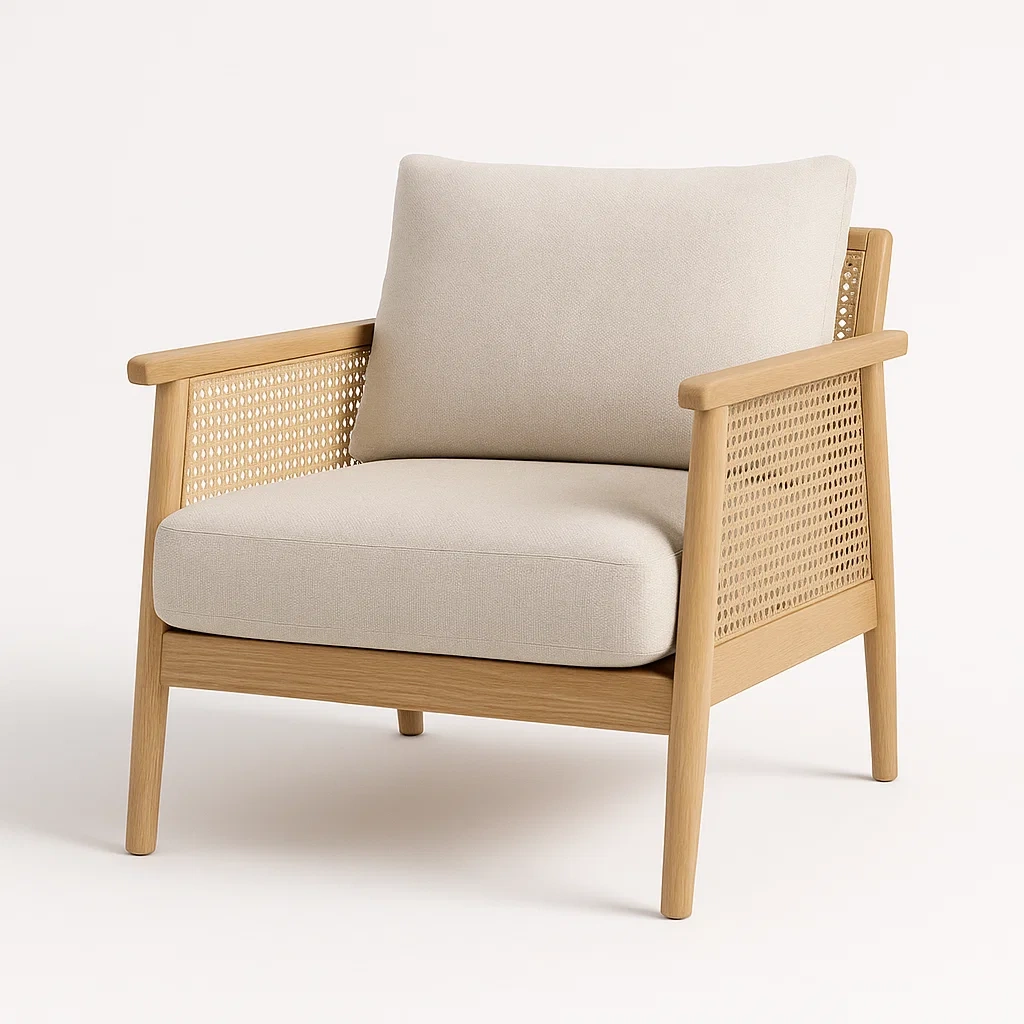Fauteuil de détente en bois et rotin avec coussin en tissu beige-seataura