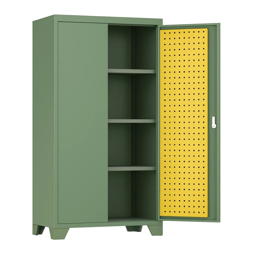 Armoire à outils métallique verte avec porte perforée jaune, 3 étagères-seataura