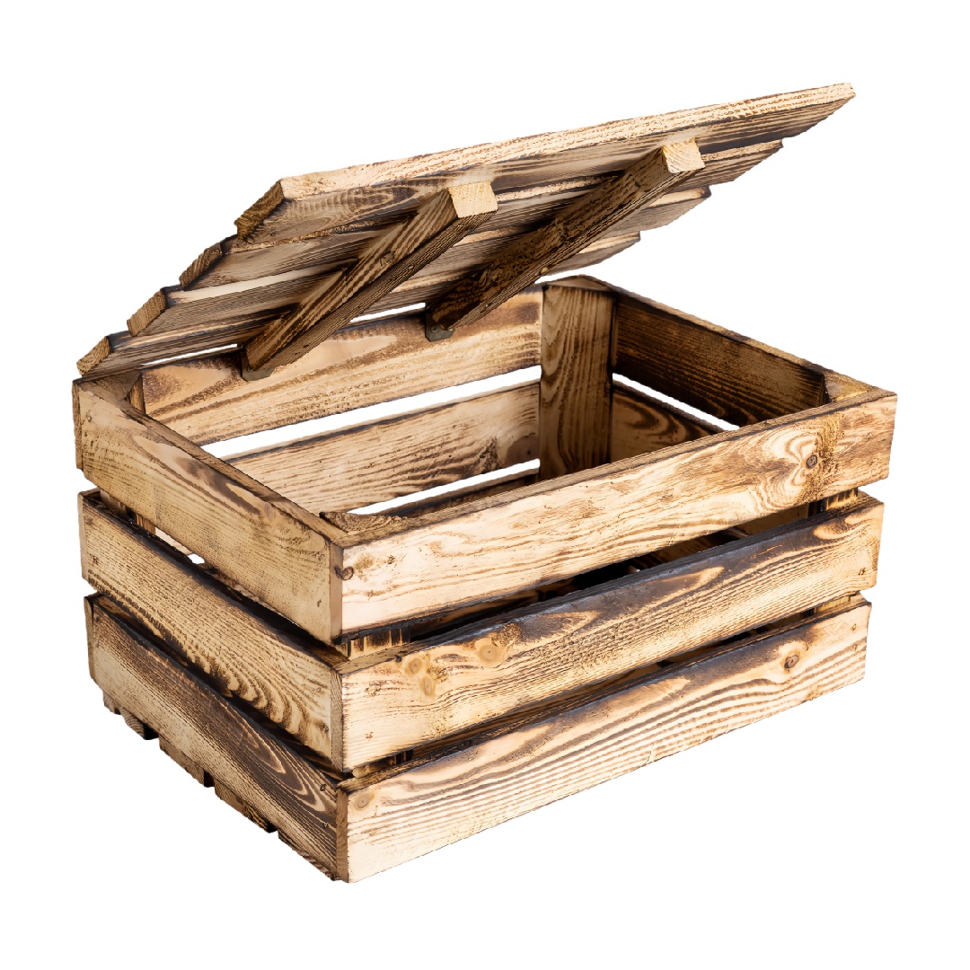 Rustic Torched Wood Slatted Storage Crate with Hinged Lid-vanesalinda.shop