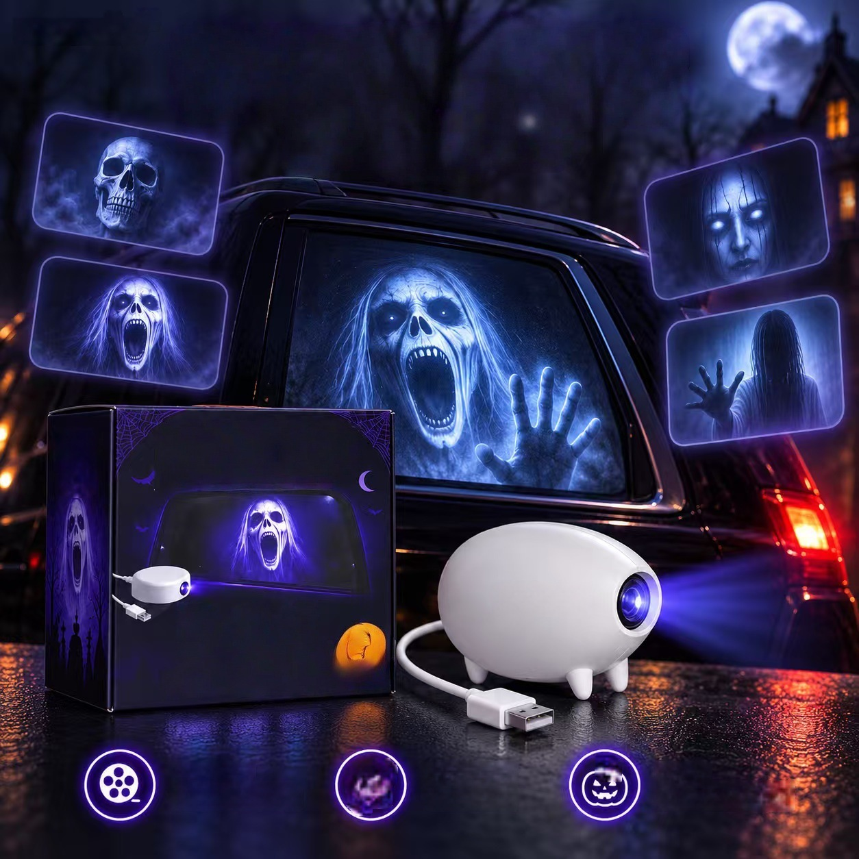 💥Halloween Window Projector — Spooky Films, USB Powered Holiday Decor👿