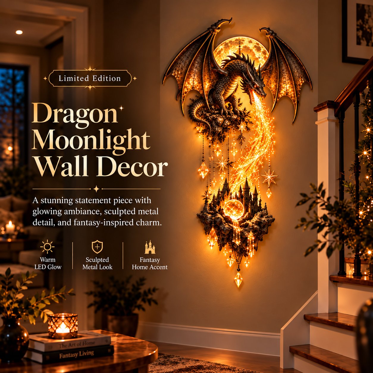 🔥 Last Day 50% OFF – 🐉 Dragonfire Moonlight Wall Lamp | Enchanted Fantasy Castle Decor 🌙