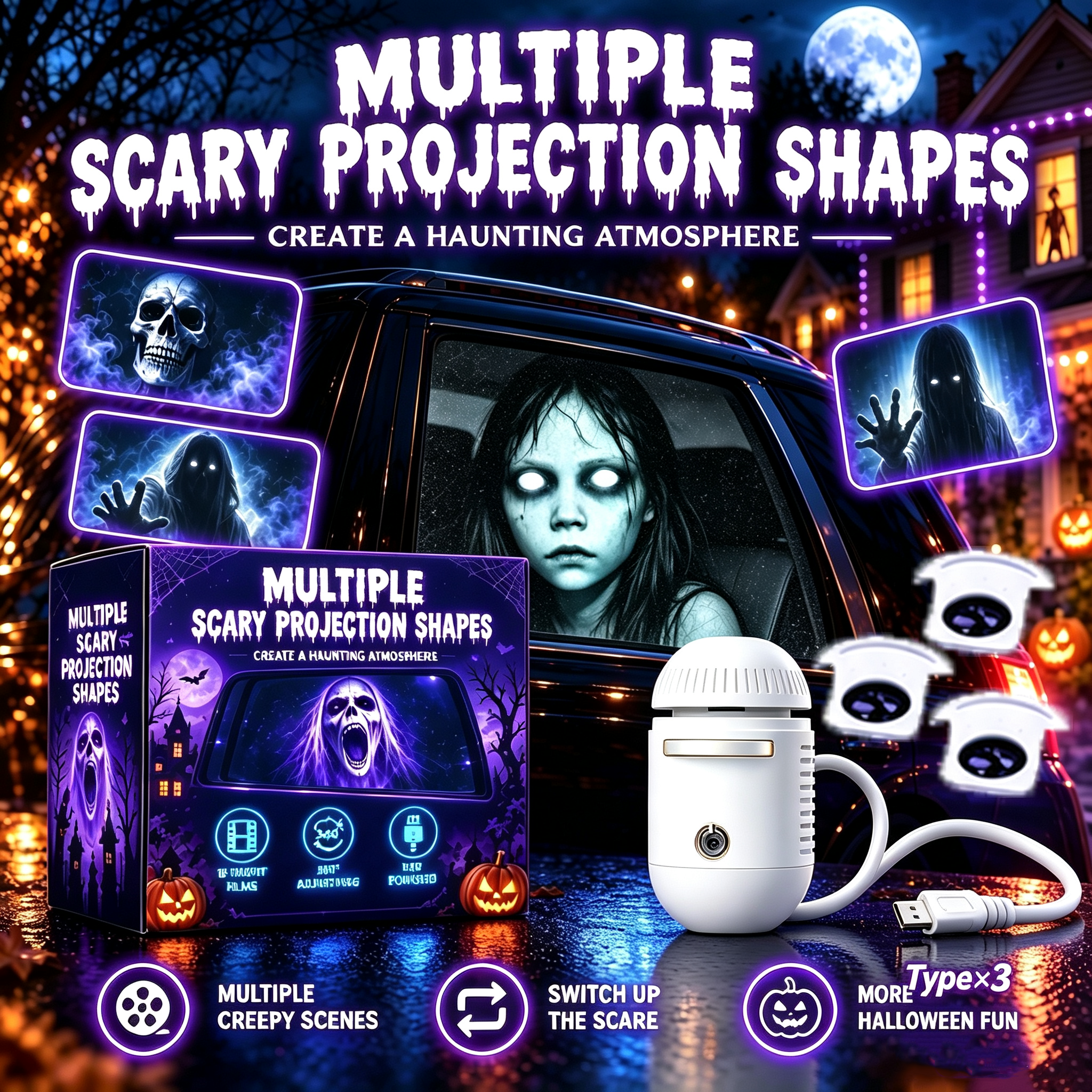 💥Halloween Window Projector — Spooky Films, USB Powered Holiday Decor👿