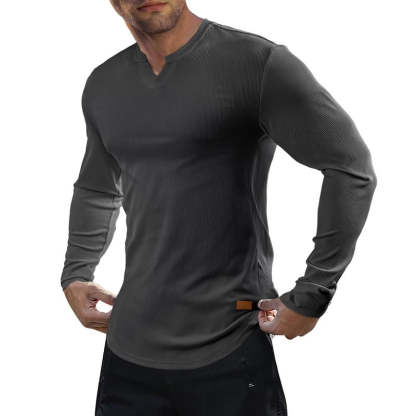KZZ Men's Solid Casual Shirt Slim Fit T-Shirt, V-Neck Long Ribbed T-Shirt