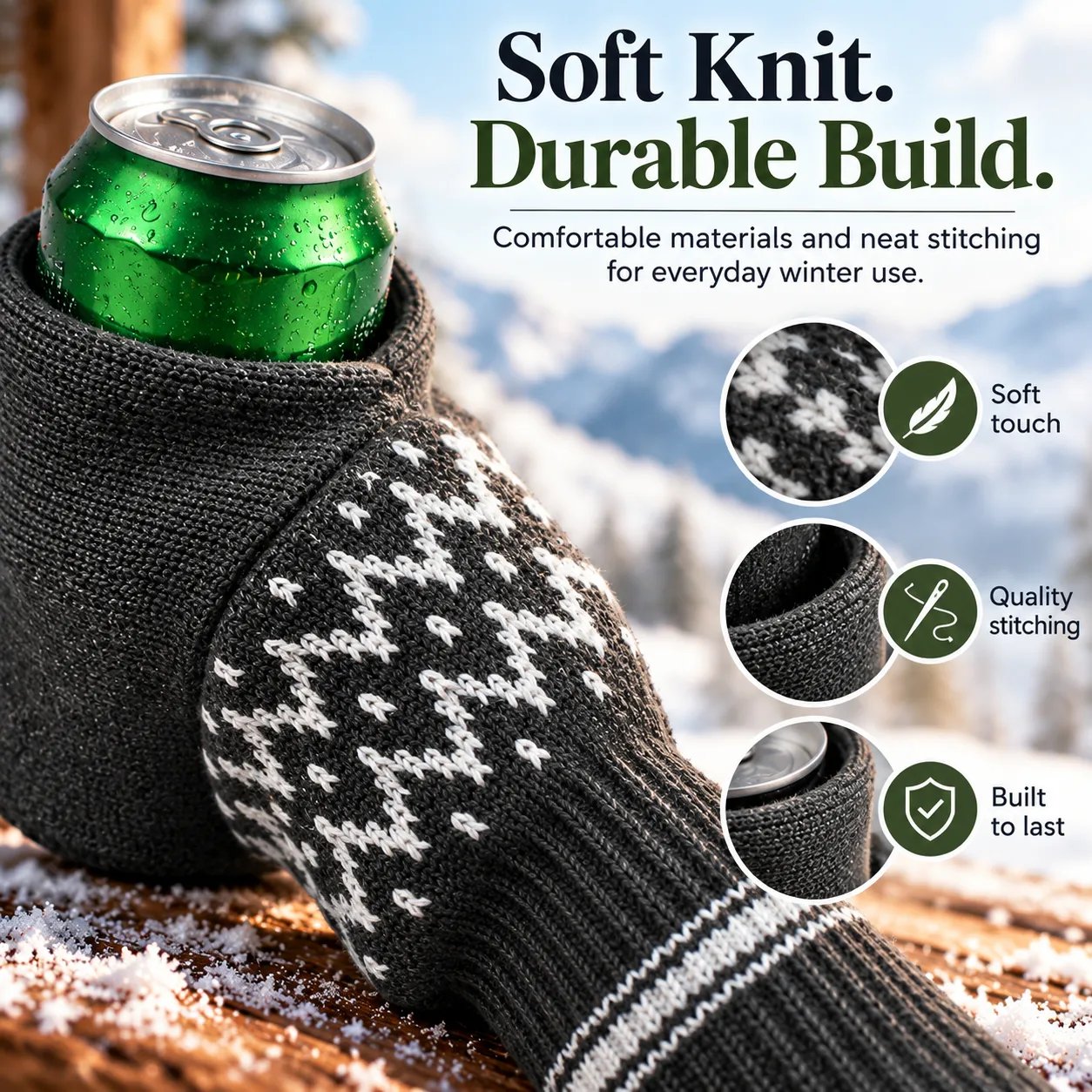 Detailed knit material and stitching of beer mitten drink holder