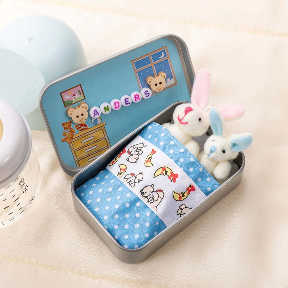 Personalized Cute Mom and Baby Plush Bunny Mini Pocket Tin Box with Colorful Name Comfort Toy Easter Birthday Gift for Kids