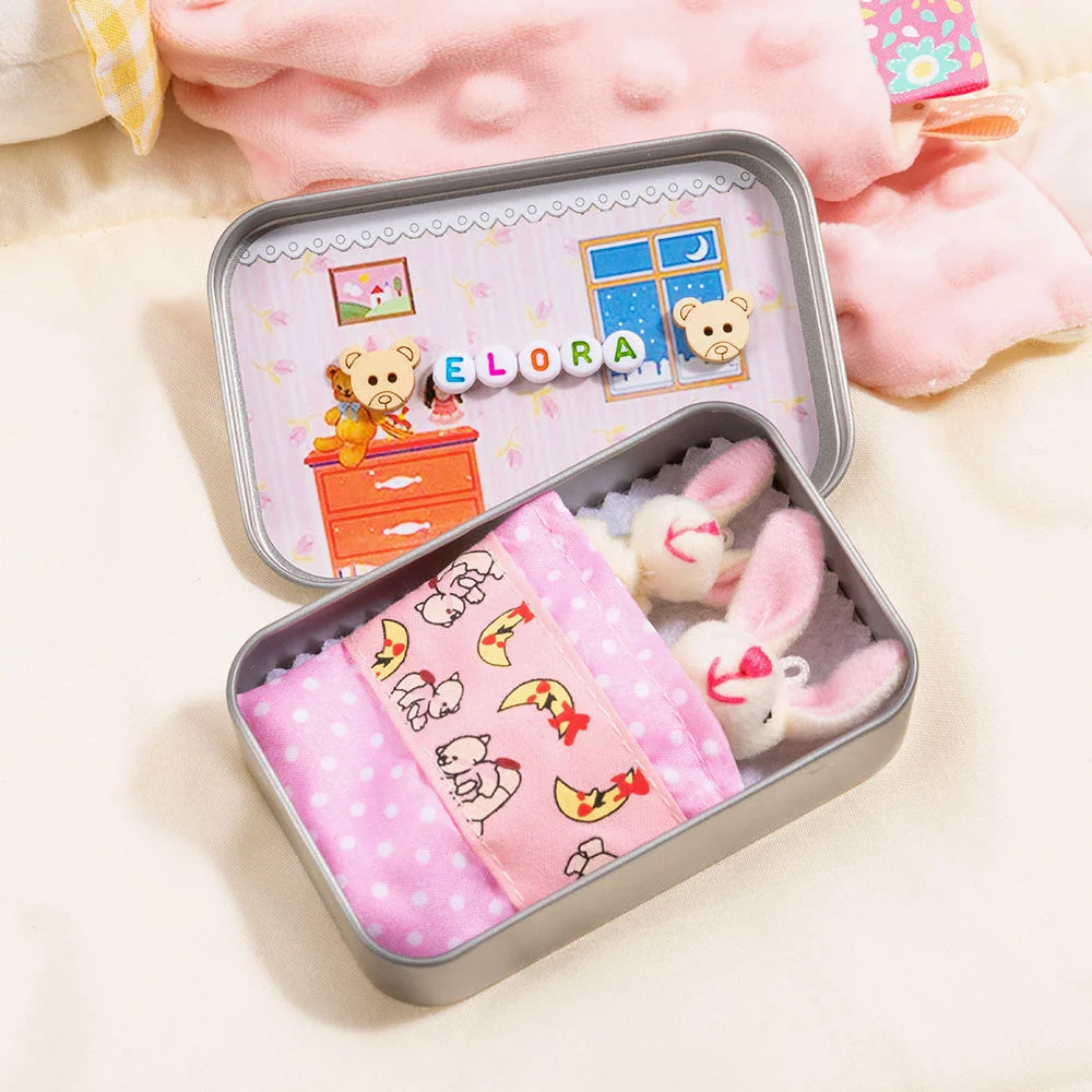 Personalized Cute Mom and Baby Plush Bunny Mini Pocket Tin Box with Colorful Name Comfort Toy Easter Birthday Gift for Kids