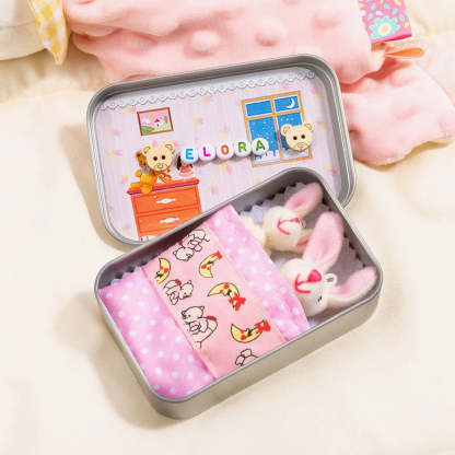 Personalized Cute Mom and Baby Plush Bunny Mini Pocket Tin Box with Colorful Name Comfort Toy Easter Birthday Gift for Kids