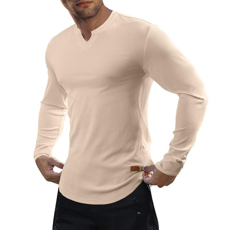 KZZ Men's Solid Casual Shirt Slim Fit T-Shirt, V-Neck Long Ribbed T-Shirt