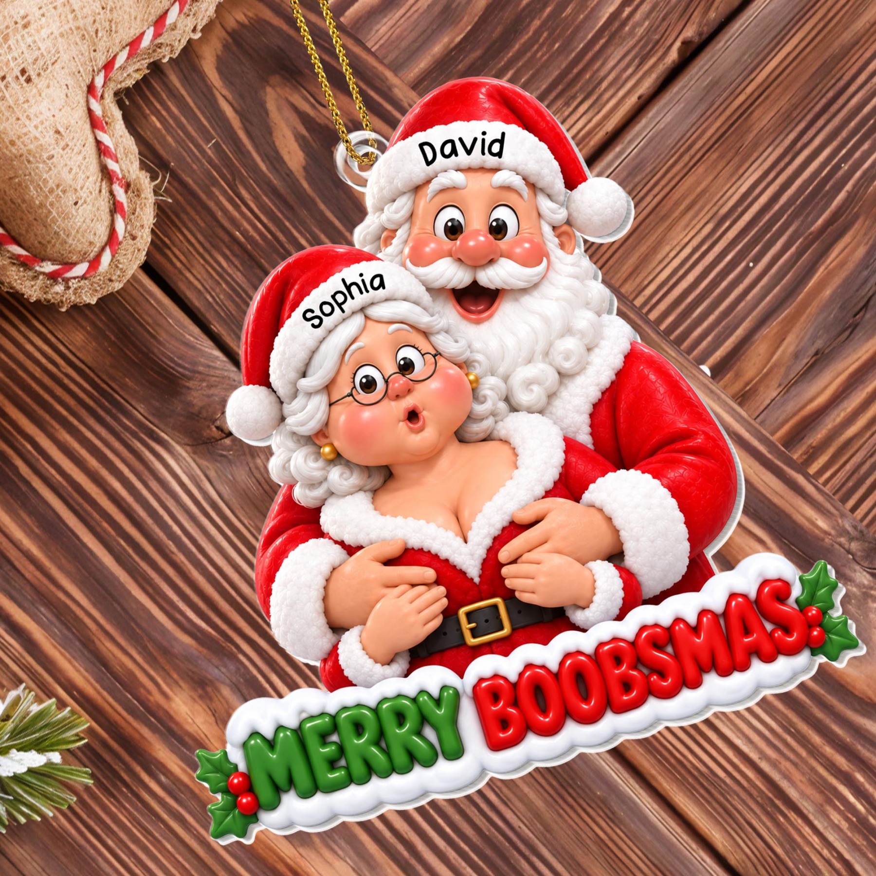 Merry Boobsmas Funny Santa Couple Ornament - Personalized Custom Acrylic Ornament, Christmas Gift