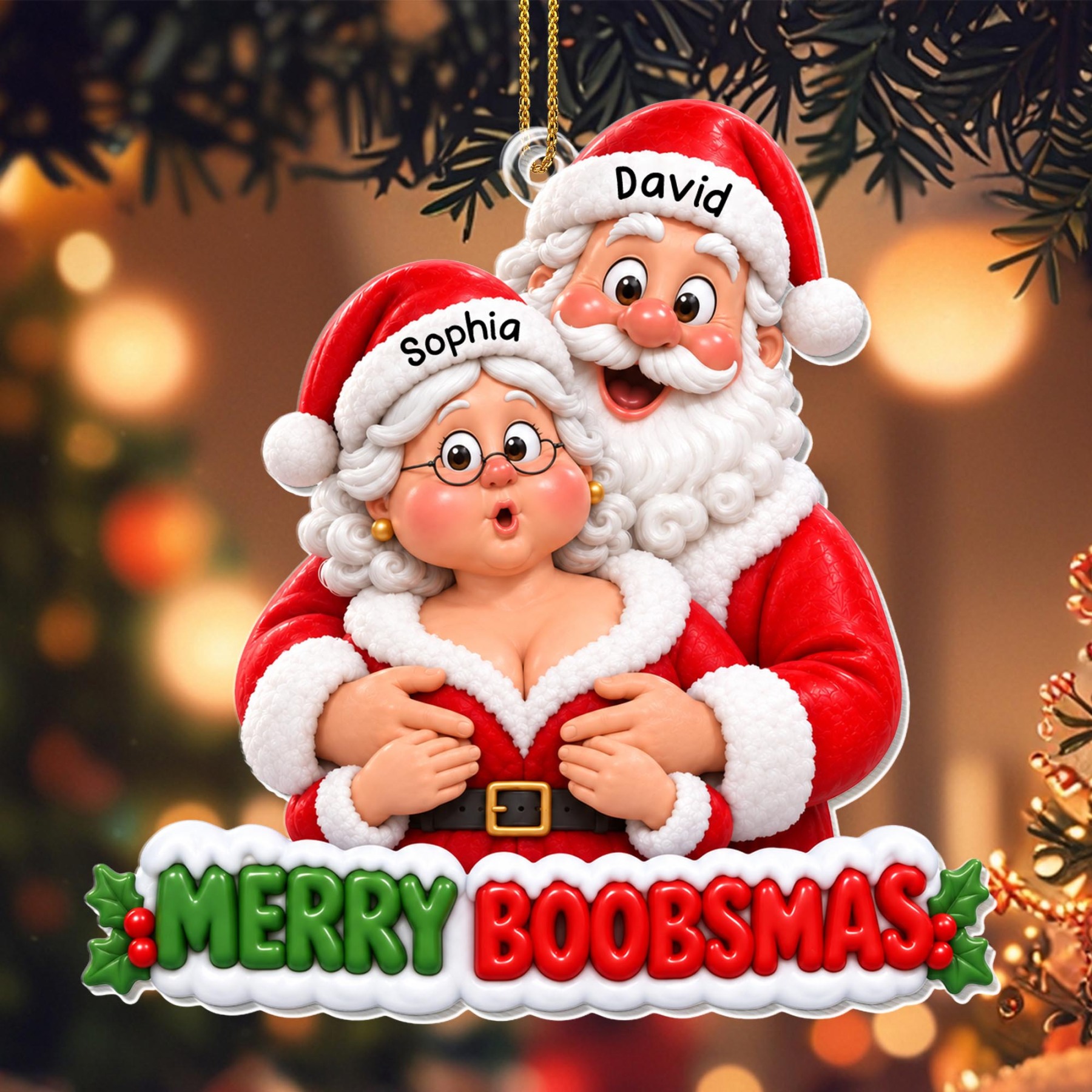 Merry Boobsmas Funny Santa Couple Ornament - Personalized Custom Acrylic Ornament, Christmas Gift