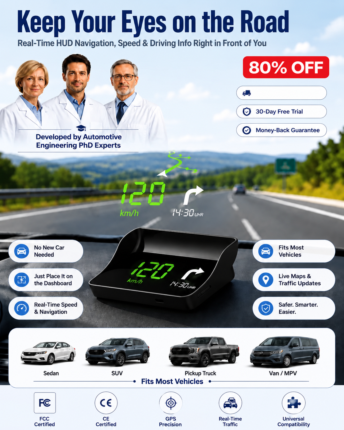 【Smart In-Car HUD Co-Pilot】Works on Sedans, SUVs, Pickups, RVs, and More! 30-Day Risk-Free Trial
