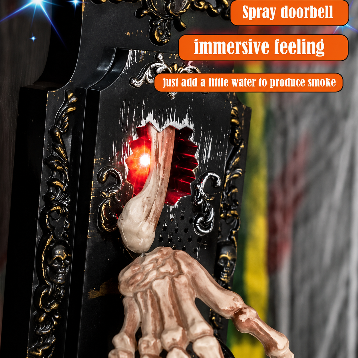 👻Halloween Hanging Doorbell Touch/Motion Activated Skeleton Hand Door Bell with Red Light Scary Sound Haunted House Decoration