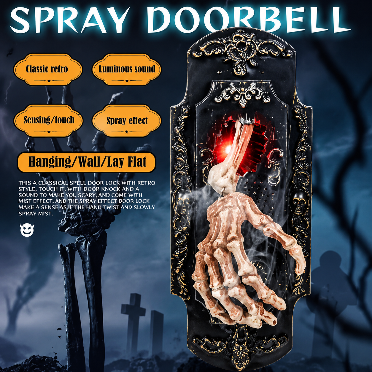 👻Halloween Hanging Doorbell Touch/Motion Activated Skeleton Hand Door Bell with Red Light Scary Sound Haunted House Decoration