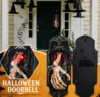 👻Halloween Hanging Doorbell Touch/Motion Activated Skeleton Hand Door Bell with Red Light Scary Sound Haunted House Decoration