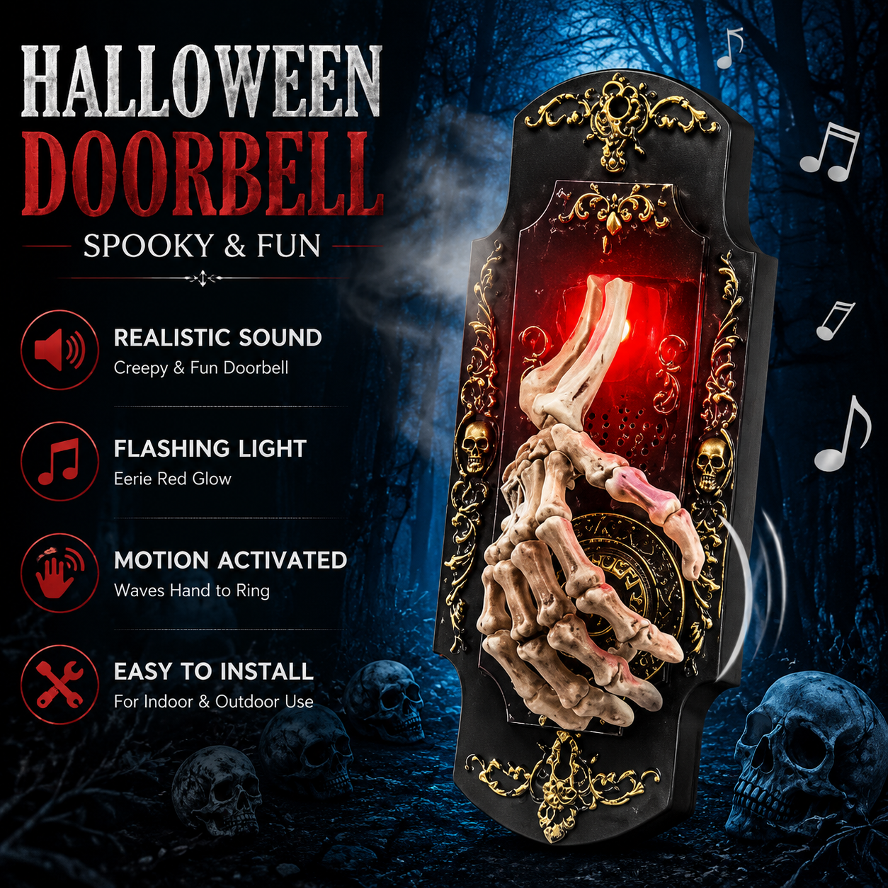 👻Halloween Hanging Doorbell Touch/Motion Activated Skeleton Hand Door Bell with Red Light Scary Sound Haunted House Decoration