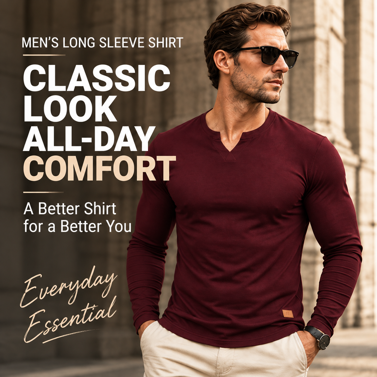 Men's Casual V Neck Long Sleeve Tee
