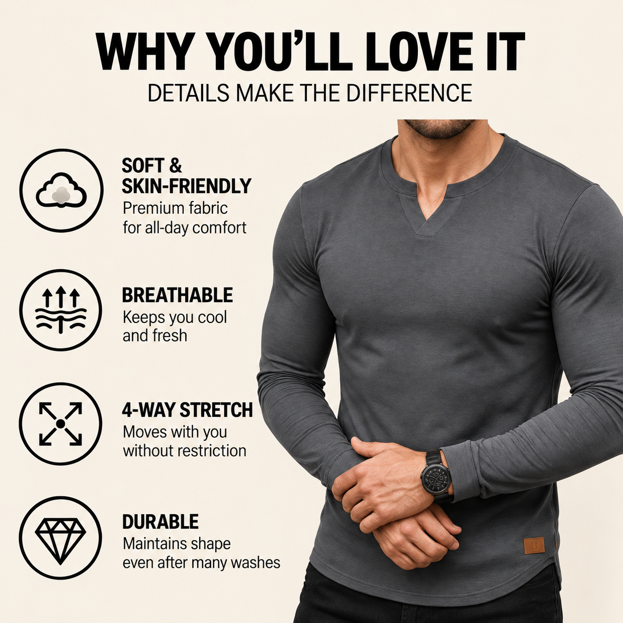 Men's Casual V Neck Long Sleeve Tee