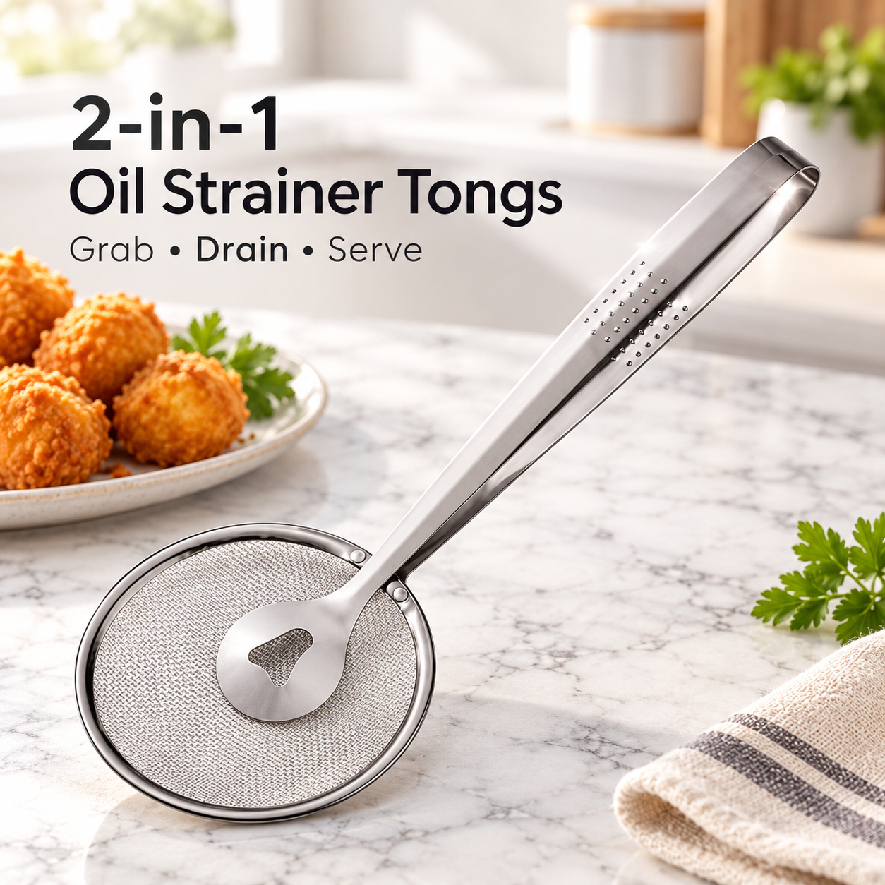 2-in-1 Stainless Steel Oil Strainer Tongs