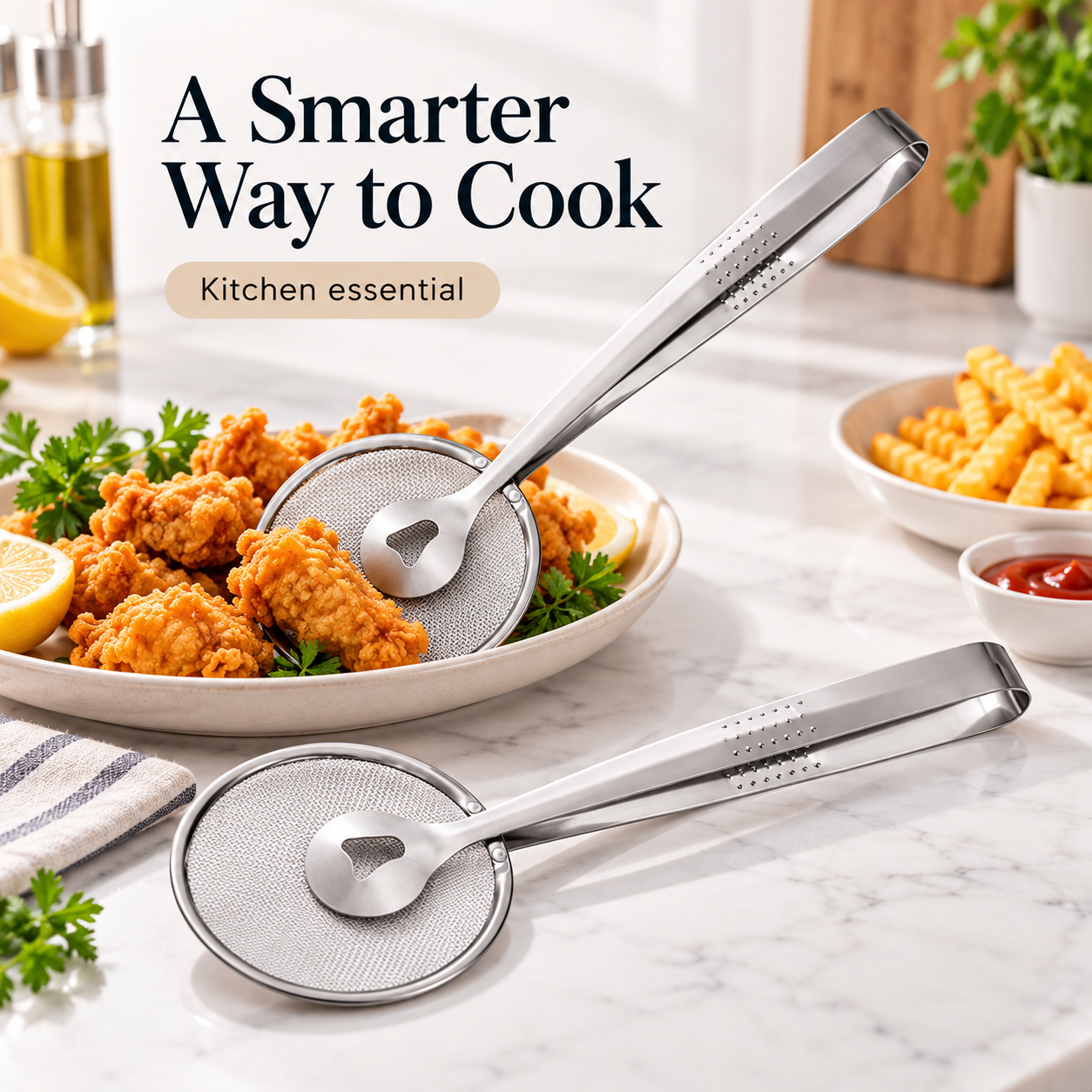2-in-1 Stainless Steel Oil Strainer Tongs