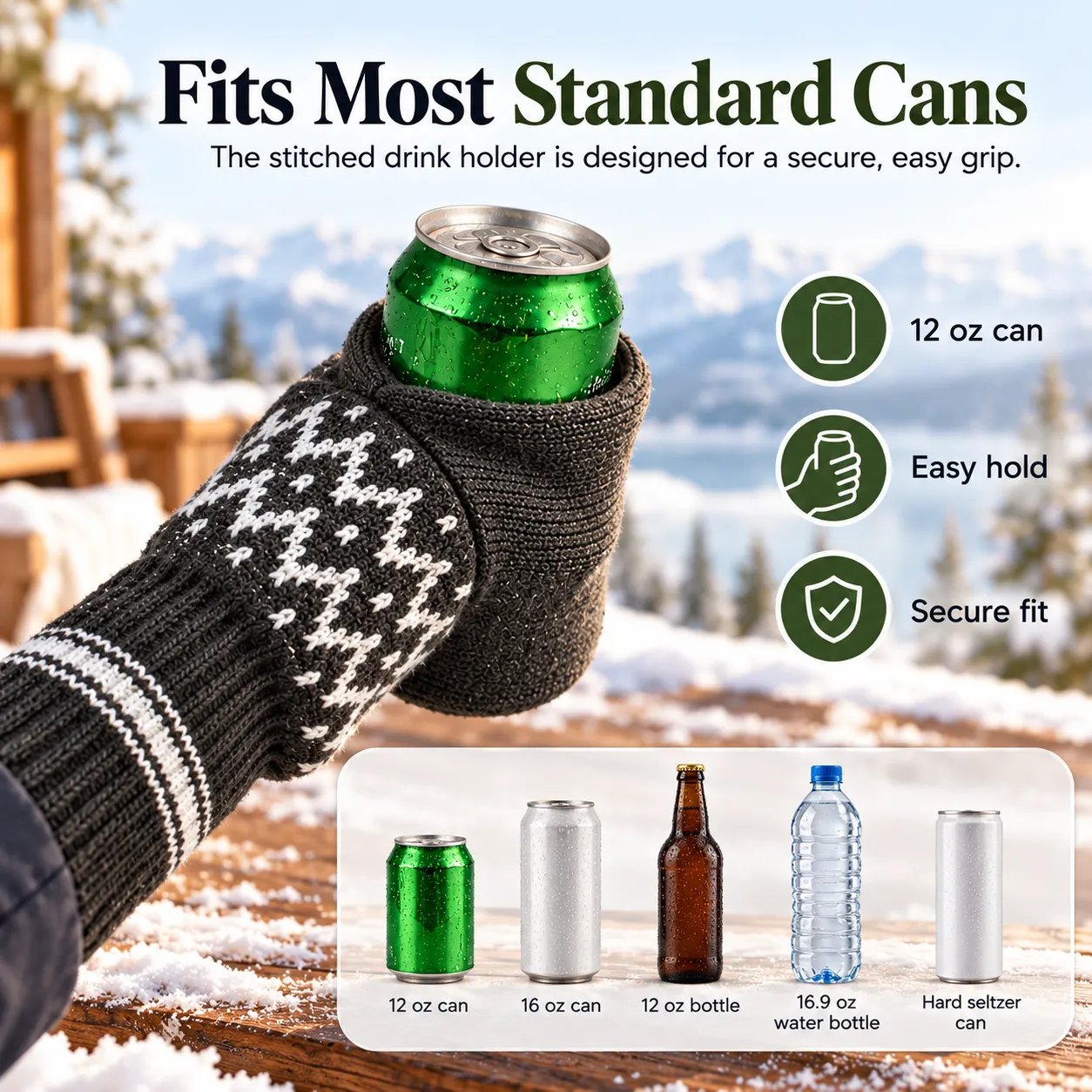 Integrated beer mitten drink holder for common canned beverages