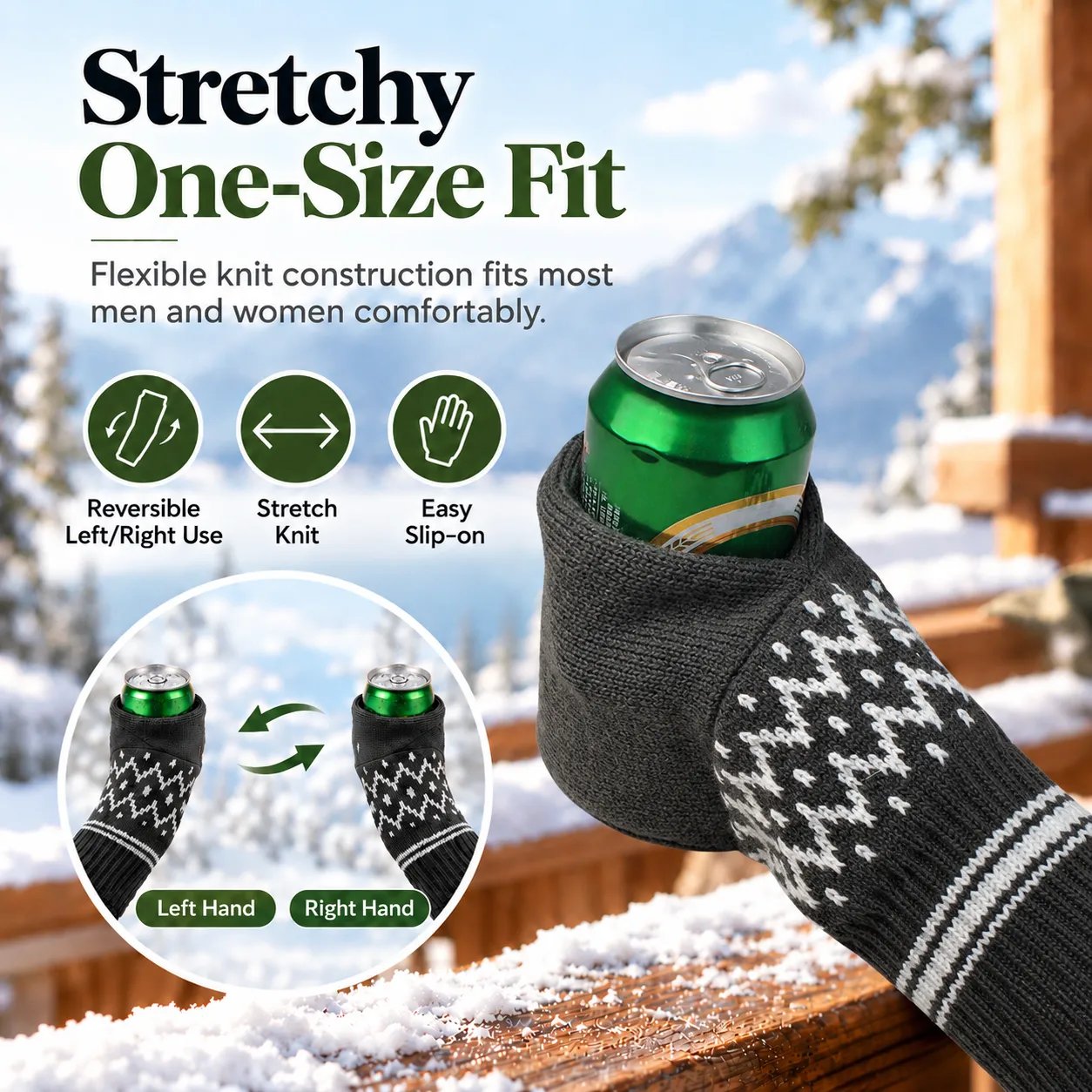 Stretch knit beer mitten designed to fit a range of adult hand sizes
