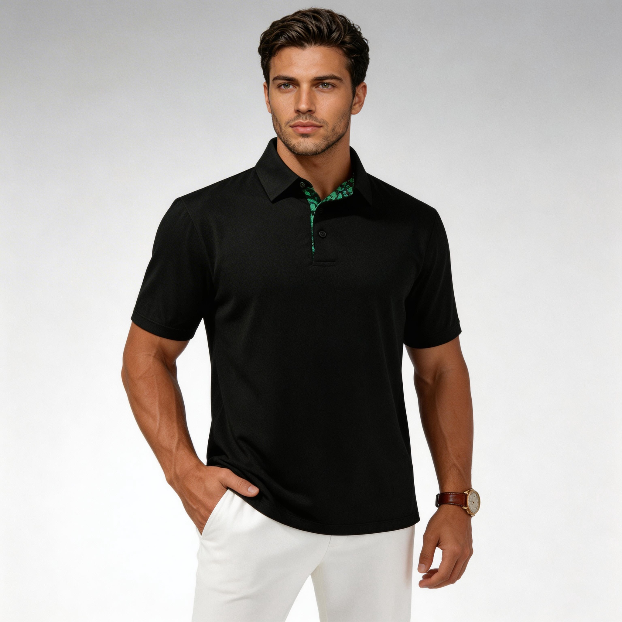 Men‘s Floral Collar Polo Shirt – Anti-Wrinkle Stretchy Arm-Enhancing Short Sleeves