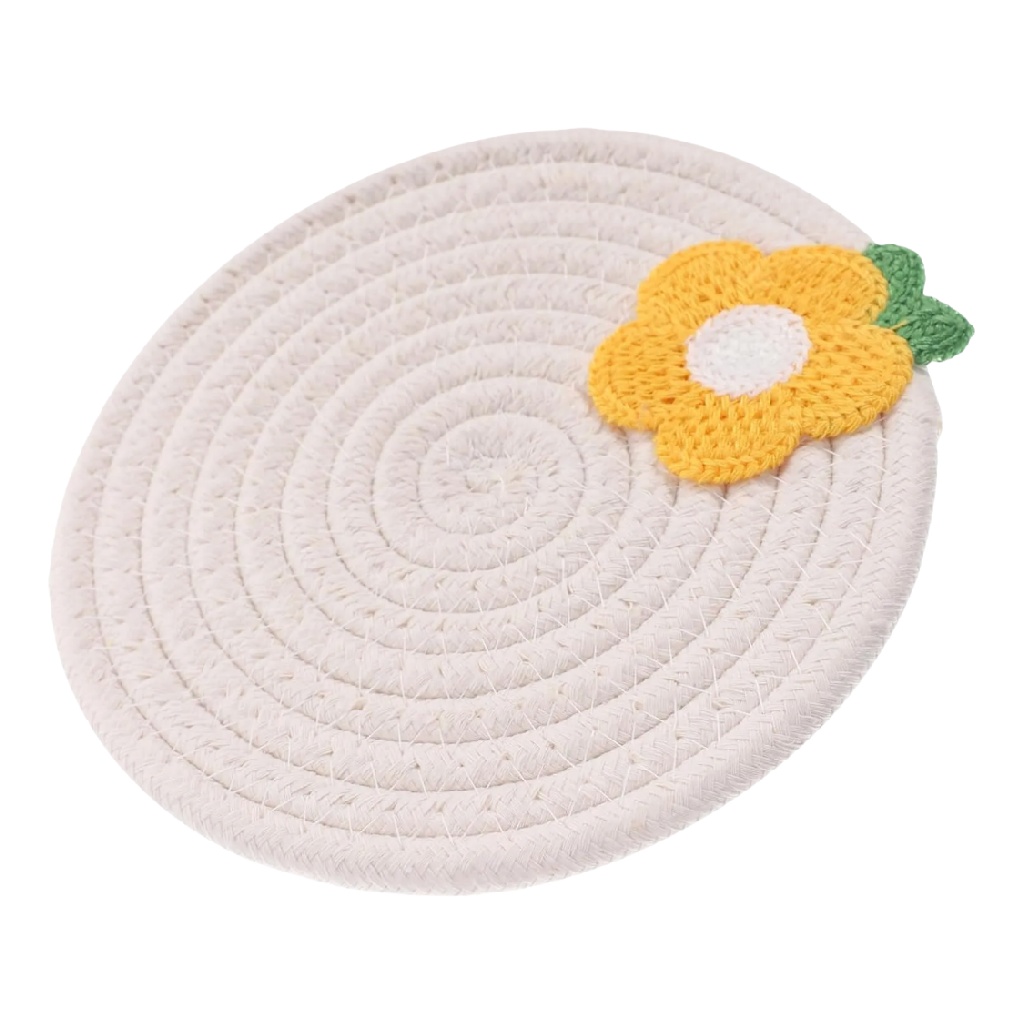 Posavasos redondo de algodón trenzado con aplique floral-gokan.xyz