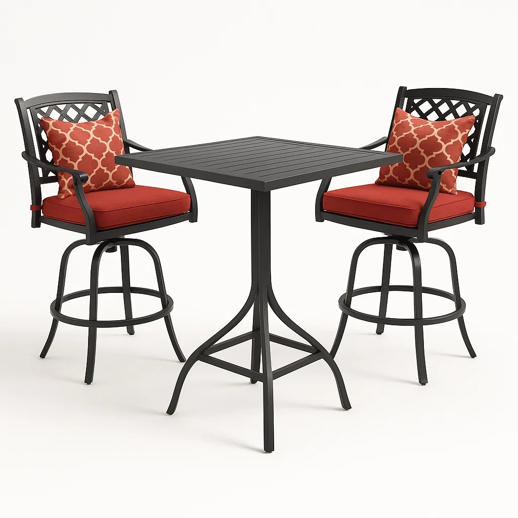 Ensemble de bar pour terrasse et jardin bistro en aluminium noir avec coussins rouges et table carrée-seatcraftz